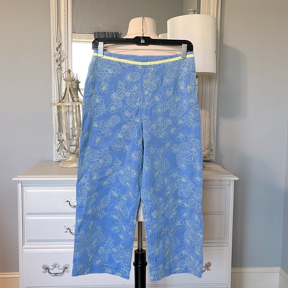 Talbots Cotton Blue Pants Capris Cropped Pineapple Embroidered Womens 6